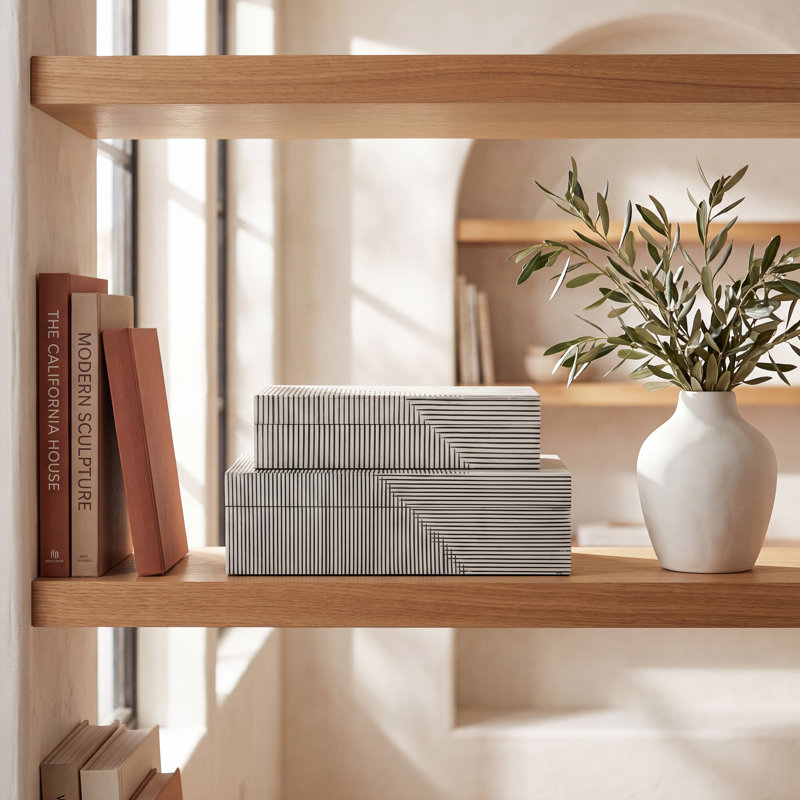 White Resin Ridged Boxes Set of Two - 12" x 8" x 4"
