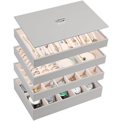 Plateau de rangement de bijoux empilable avec couvercle, support de rangement pour bijoux en cuir PU pour tiroirs, boîte à bijoux (ensemble de 4, gris)