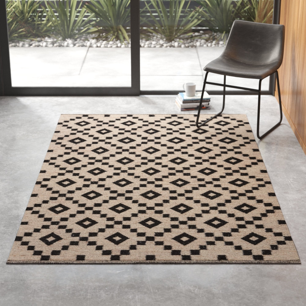 Byrne Black Ivory Hand-Woven Geometric Wool Rug, Rectangle 9' x 12'
