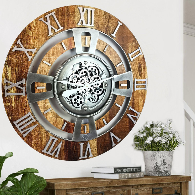 Oversized Vintage Brown Fir Wood Wall Clock with Real Moving Gears