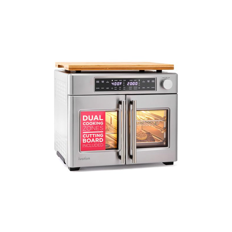 Dual Zone Air Fryer French Door Oven - 32 Qt Convection Toaster Combo - 10-in-1 Multifunction Up to 450° - 1800W - Temperature Control, Timer - Stainless Steel – Dehydrate, Broil, Bake, Roast, Ferment