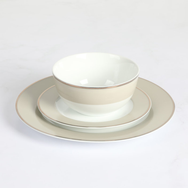 Gray and Off-White Porcelain 12-Piece Dinnerware Set with Gold Rim