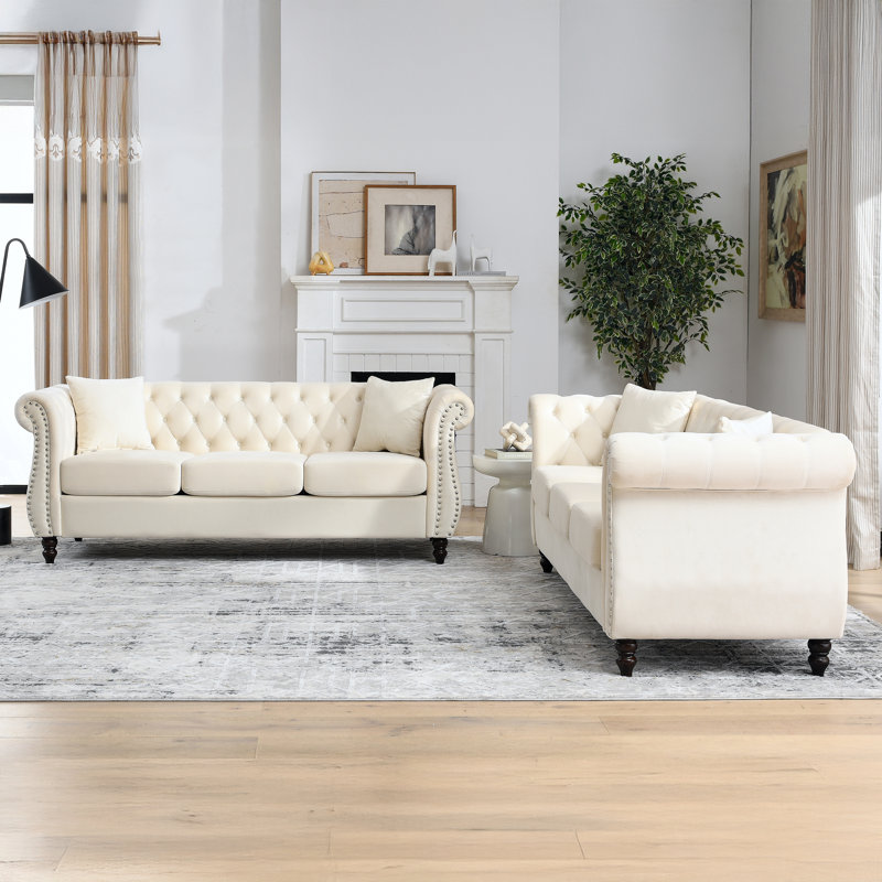 2Pcs 3 Seater 80" Chesterfield Sofa Beige Velvet