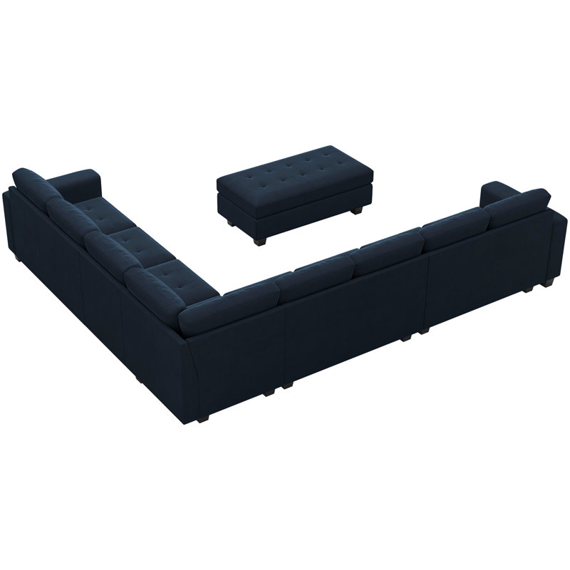 Shavera 7 - Piece Velvet Upholstered Sectional Sofa Large L shaped Livingroom Couch with Storage Ottoman, Blue Velvet