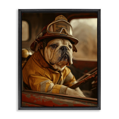 Rustic Bulldog Fireman Black Framed Floater Canvas Wall Art by Ray Heere
