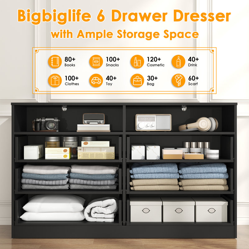 6 Drawers Dresser,Modern Storage Tower Dressers and Chests 2 Open Cubby,Large Organizer for Bedroom, Black