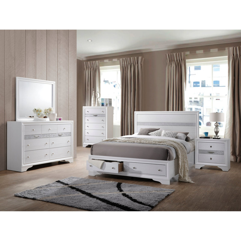 Grand lit moderne blanc avec rangement et panneau de particules de placage