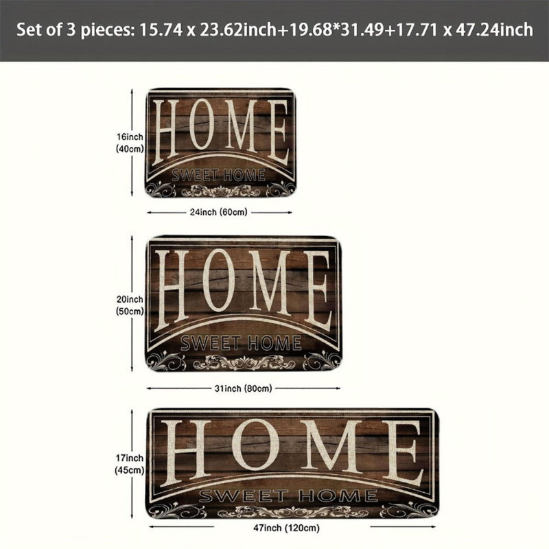 Ensemble de 3 tapis de cuisine Brown Home Sweet Home pour cuisine et salon