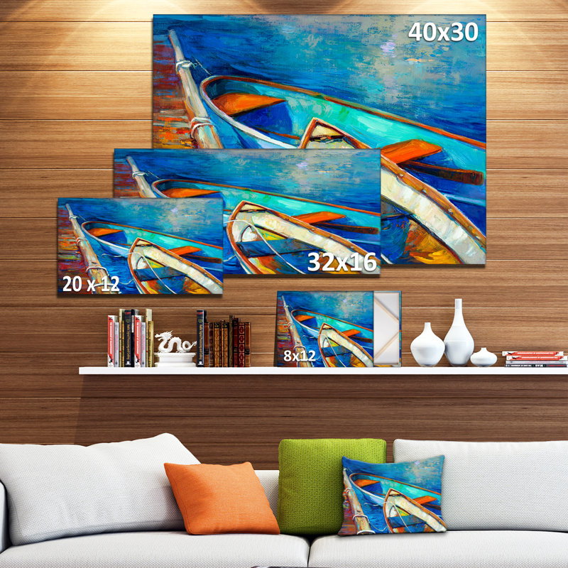 Bateaux et jetée dans l'ombre bleue - reproduction d'art, H 23 po x l 23 po x P 1 po, Métal
