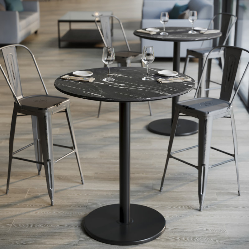 Plateau de table commercial à surface lisse avec base ronde à hauteur de barre, H 42 po x L 36 po x l 36 po, Faux marbre noir