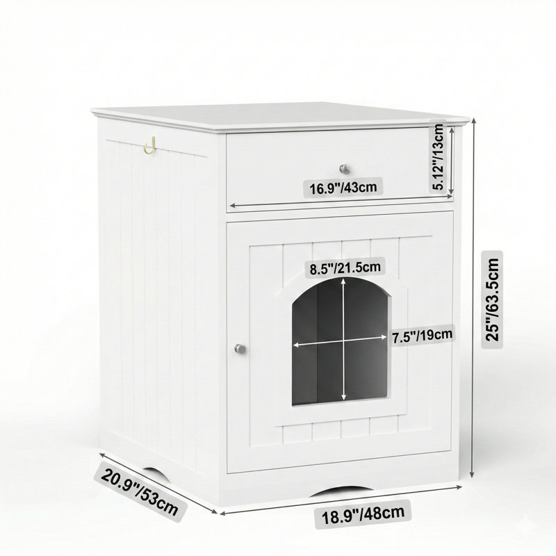 Enceinte d'intérieur en bois pour chat pour litière avec tiroir, fonctionnant comme table d'appoint ou table de chevet, finition blanche