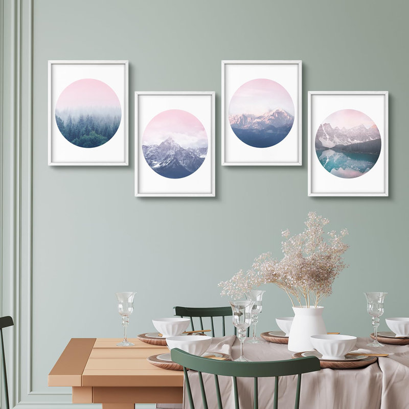 "Rose et bleu, paysage de montagne, œuvre d'art moderne minimaliste", 4 pièces, Noir, H 14 po x l 11 po