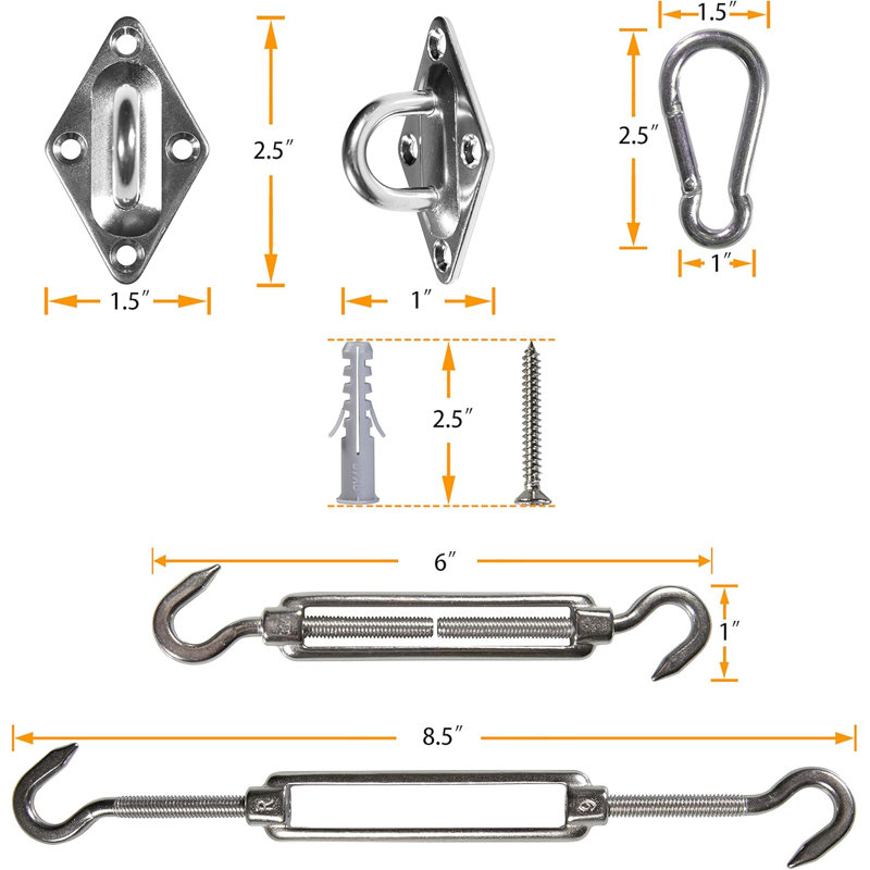 Stainless Steel 6 Inch Triangle Sun Shade Sail Hardware Kit