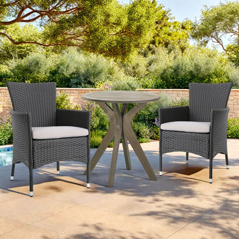 Breyn 2 - Person Acacia Wicker Patio Dining Set with Round Table , Cushions Included, Gray Frame / Silver Cushion