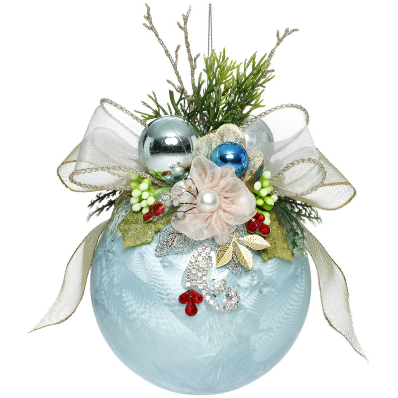 Floral Jeweled Ball Ornament, Frosted, Light Blue - 6 Inches