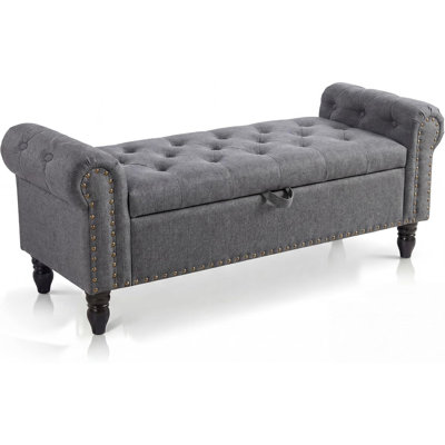 51" Upholstered Storage Bench for Bedroom - Button Tufted Linen Ottoman with Rolled Arms & Safety Hinge - Multi-Purpose Bed Bench for Blankets, Closet, Entryway - Gray