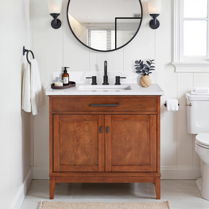 Meuble-lavabo simple 36 po avec plateau Anglet, Tabac, Blanc cala
