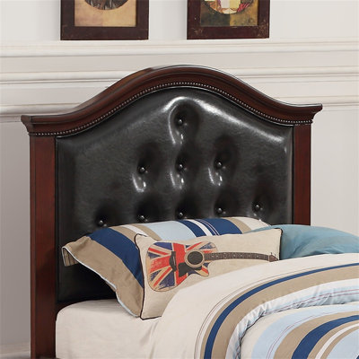 Contemporary Style Dark Cherry Twin Size Bed W/ Trundle Slats Pine Plywood Bedroom Furniture Black Faux Leather Tufted HB