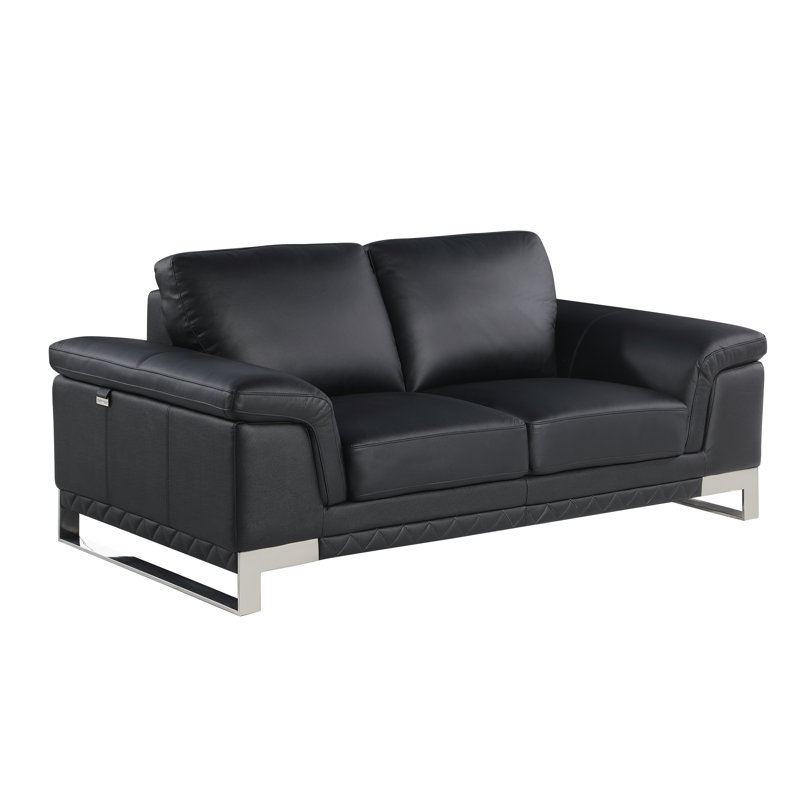 Causeuse noire en cuir véritable moderne, Cuir véritable noir