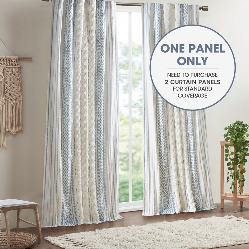 Rideau de fenêtre simple à panneau Boho, rideau 100% coton touffeté à rayures en chenille filtrant la lumière, ivoire / bleu marine