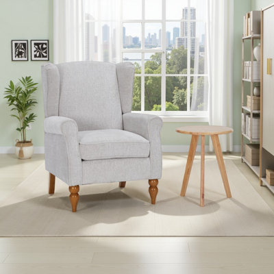 Ensemble de table basse et de fauteuils de style rétro de luxe, une chaise de lecture confortable à haut dossier (beige) et une table basse en bois massif (bois naturel), idéales pour les salons et les chambres à coucher.