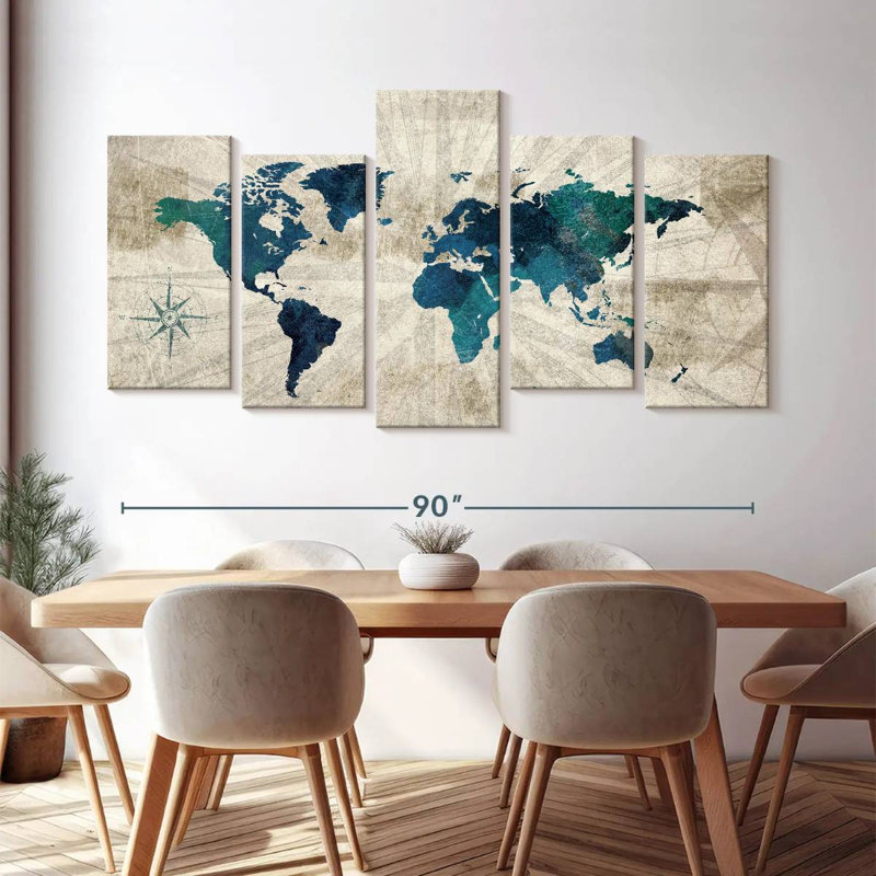 «World Map Aged World Map I» sur toile 5 pièces par Tess P, H 48 po x l 94 po x P 1,25 po
