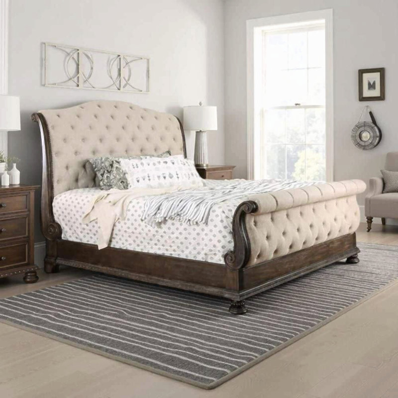 Mobilier de chambre rustique capitonné à boutons en tissu beige, Très grand californien