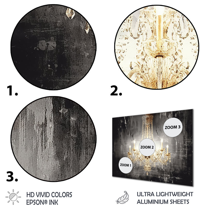 Golden Chandelier Shining Through The Darkness I - Glam Chandelier Wall Art Print, 30" H x 40" W x 1.5" D, No Framed Metal
