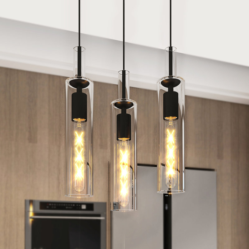 Ensemble de 3 luminaires suspendus noirs pour îlot de cuisine, couloir, chambre à coucher - minimaliste moderne, verre transparent, douille E26, hauteur personnalisable 14 68 pouces, noir mat, auvent, base en métal, installation à