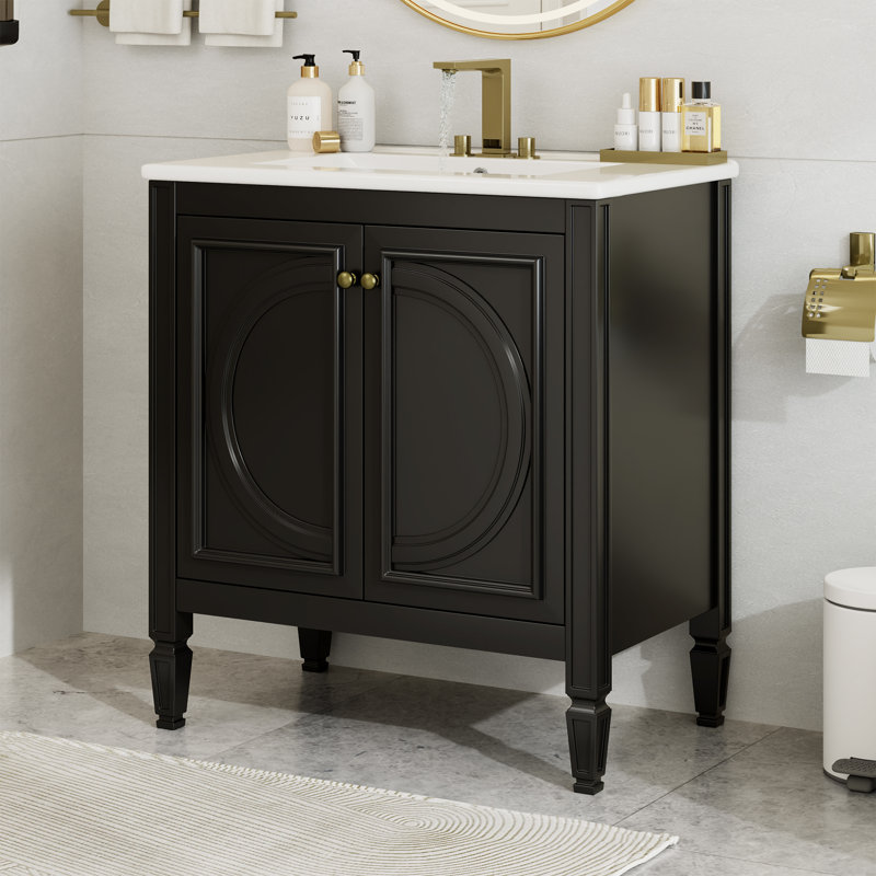 Eshin 30'' Bathroom Vanity With Ceramic Sink, Black, Gold