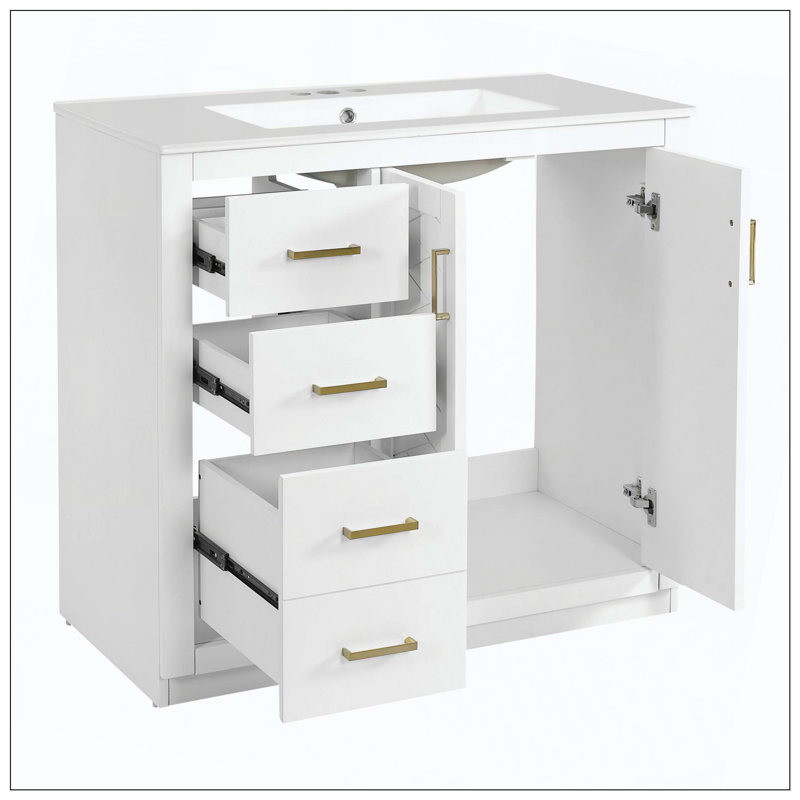 Porte de meuble-lavabo autoportant en céramique avec tiroirs en bois massif à fermeture en douceur, White