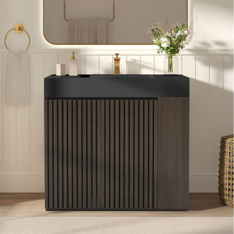 Meuble-lavabo 36 po avec surface solide, Noir/brun foncé, Monotrou