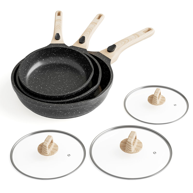 Ensemble de poêles à frire antiadhésives avec couvercle en verre 3 pièces Caannasweis - Batterie de cuisine peu encombrante
