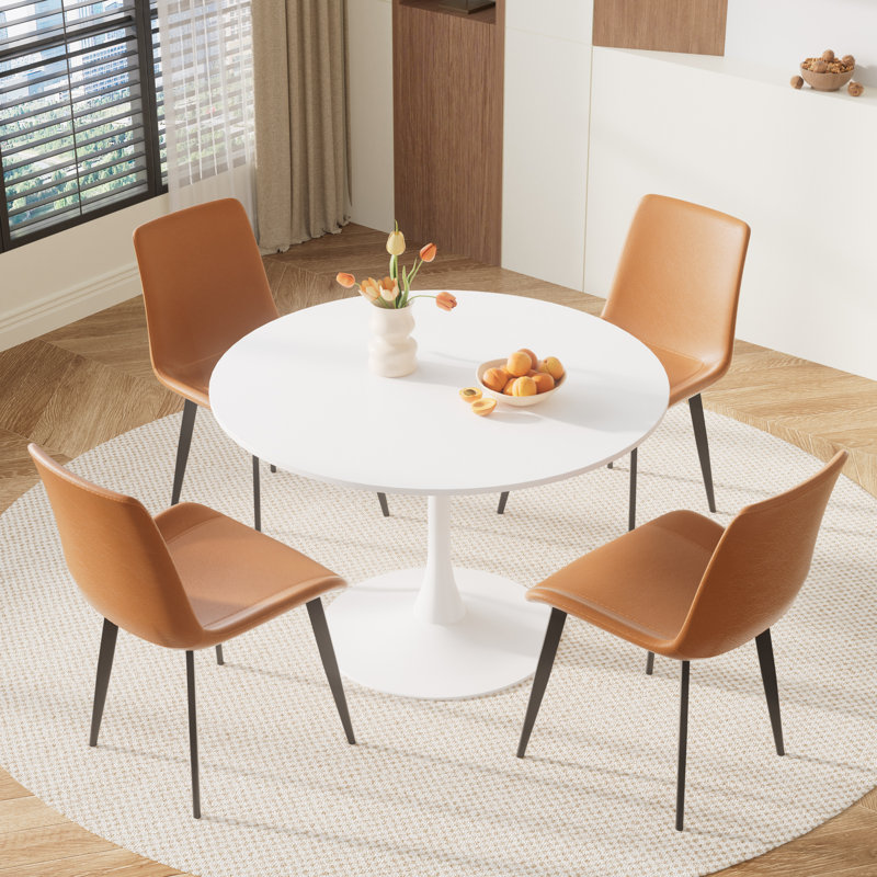 Small Round Pedestal Dining Set, White, 5 Pieces: Table, 4 Chairs, Brown