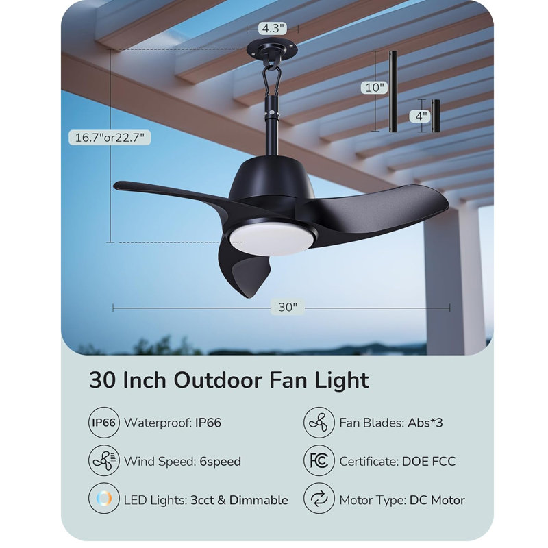 30“ Outdoor Ceiling Fan With Light And Remote, IP66 Waterproof Gazebo Fan Hanging With Hook, 3CCT 6 Speed DC Motor, Matte Black Blades, Plug In Wet Rated Fan For Patio, Pergola, Porch, Garage