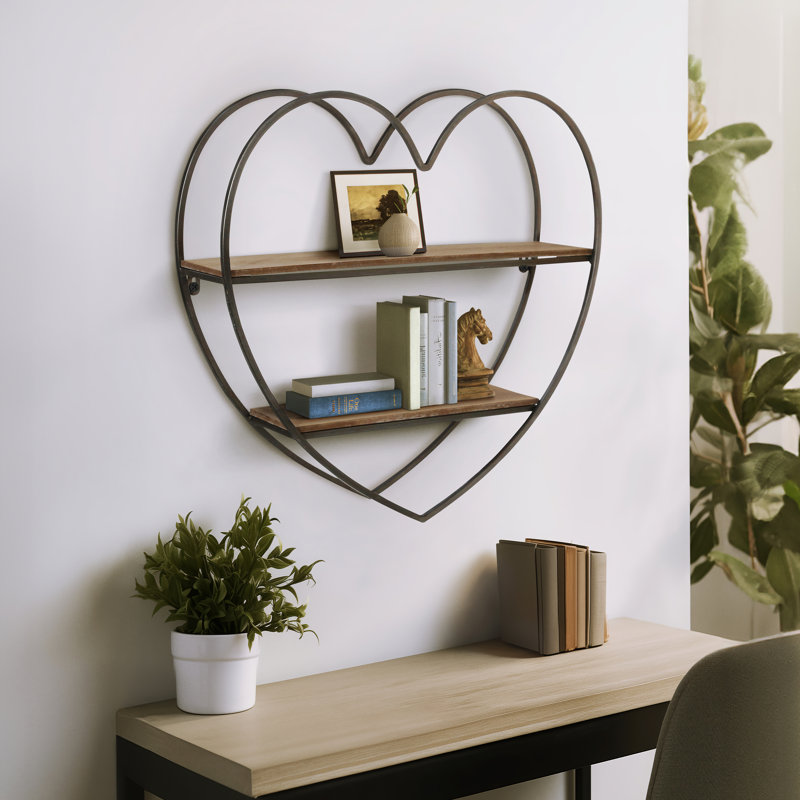 Elise Heart-Shaped Metal and Wood Wall Shelf with Iron Frame and Plywood Shelves, Decorative Hanging Storage with Sturdy Design for Functional Display