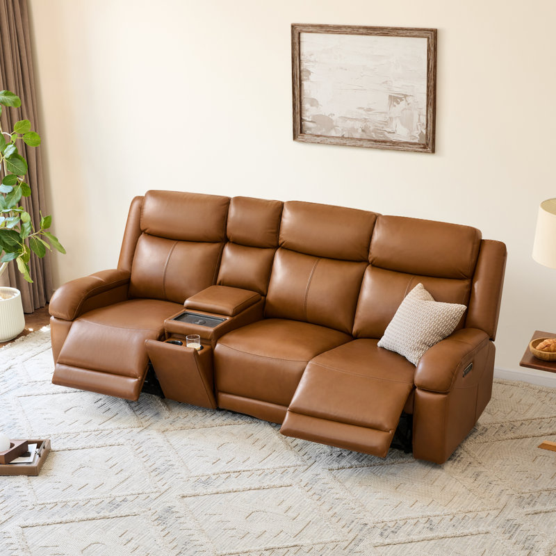Canapé inclinable électrique en cuir véritable Zachery avec console multifonctionnelle, 3, Brun selle