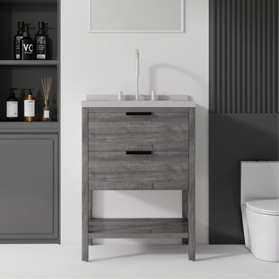 Meuble-lavabo autoportant de 61 cm avec lavabo, tiroir à fermeture amortie, comptoir et dosseret en marbre synthétique blanc granité de 5 cm, contreplaqué