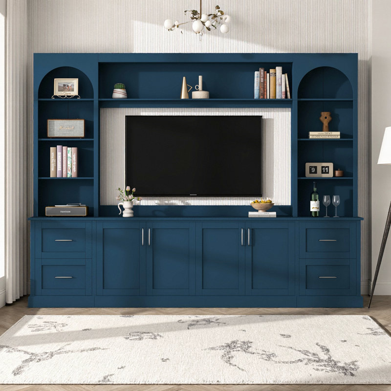Console télé tout-en-un avec tablettes réglables, meuble audio-vidéo avec tiroirs, Bleu