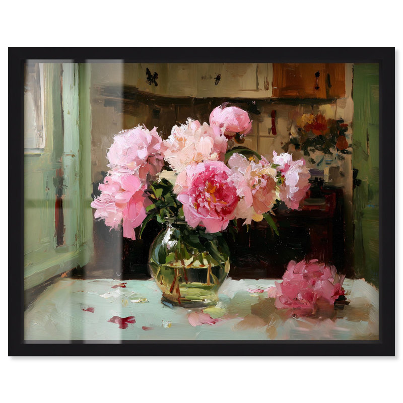 Pe pivoines au soleil I, impression d'art de boîte à ombre par Art Remedy, H 21 po x l 25 po, Noir