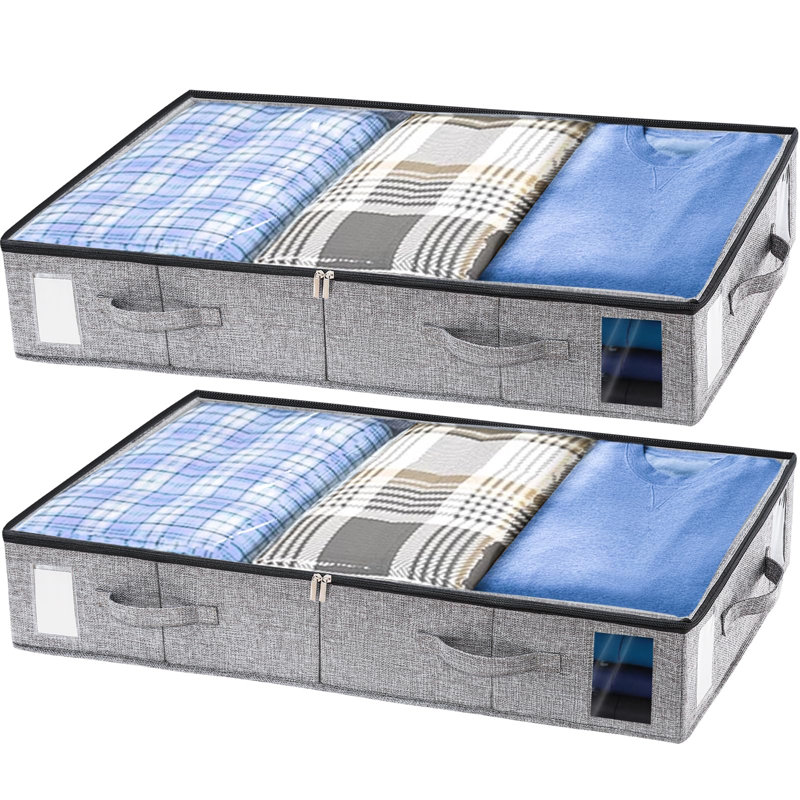 2 Pack Under Bed Storage Containers, Stackable Closet Organizers And Storage Bins With Sturdy Support, Foldable Underbed Clothes Storage Box For Blanket, Comforter, Sweater, Pillows, Shoes