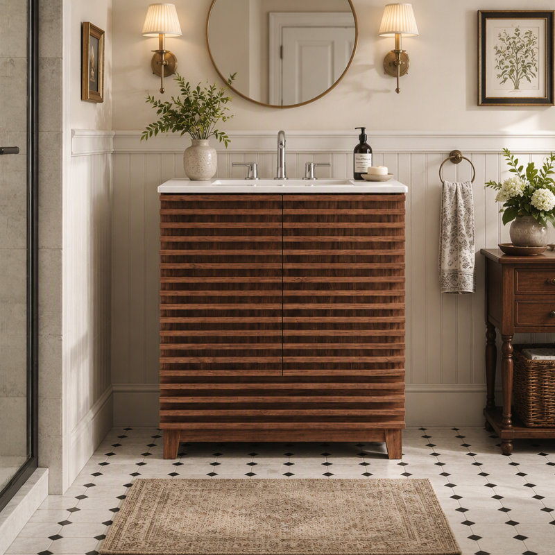 Meuble-lavabo avec lavabo en céramique, meuble indépendant à 2 portes cannelées et 1 tiroir, couleur noyer brun
