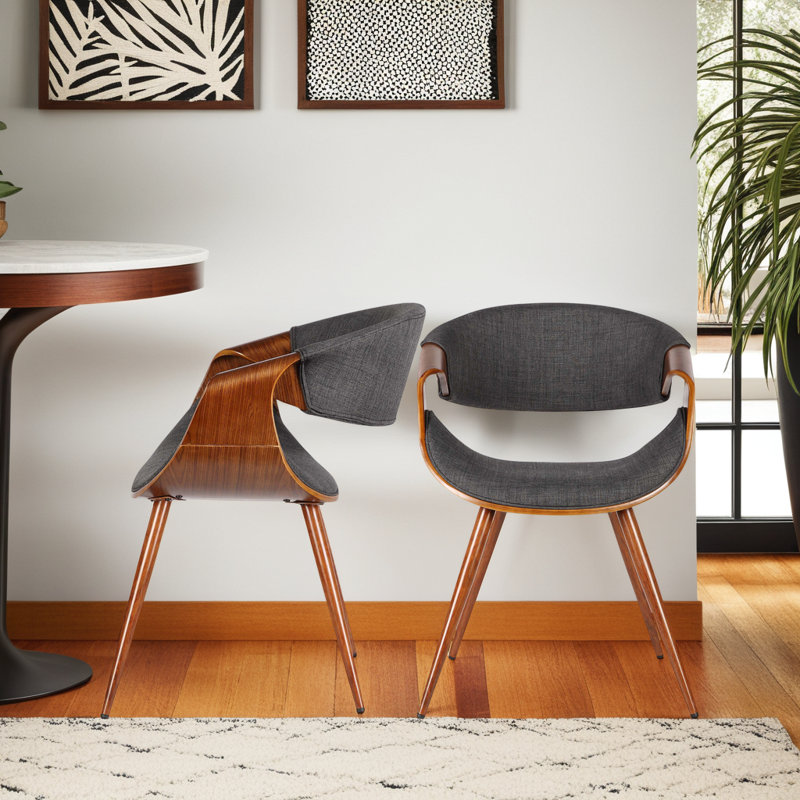 Kaleem Mid-Century Upholstered Dining Chair in Wood Finish, Charcoal Polyester, Walnut