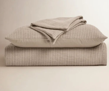 100% French Linen Solid Pick Stitch Quilt Set with Shams, Queen Quilt + 2 Shams, Cocoa