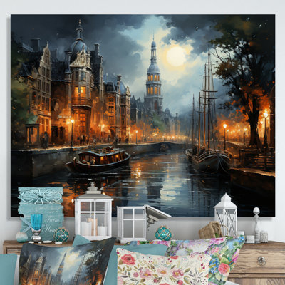 «Danemark Amsterdam Canal at Night I», reproduction sur toile