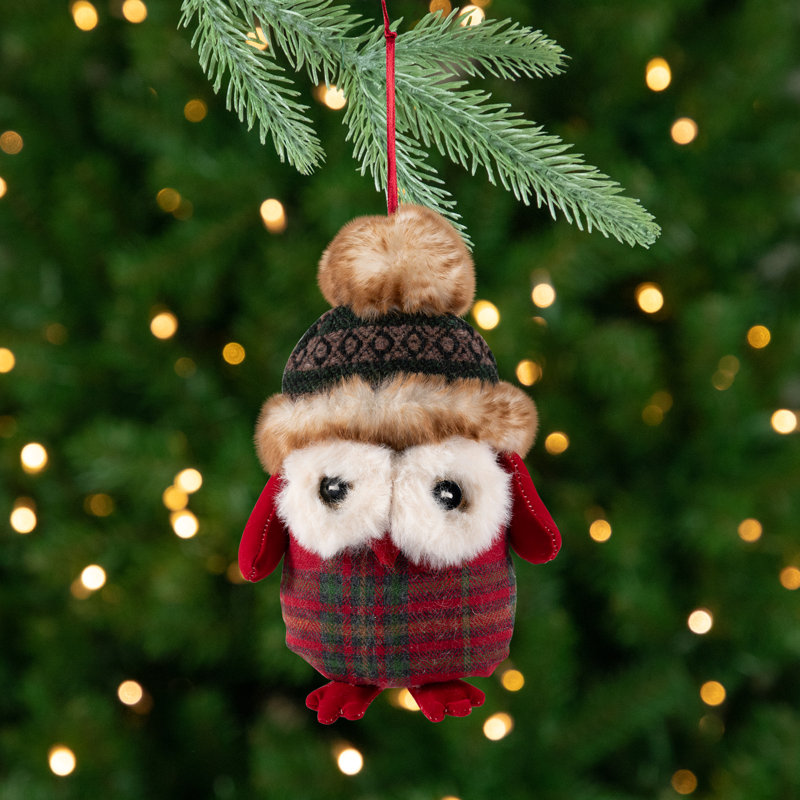 Plush Baby Owl In Plaid Christmas Ornament