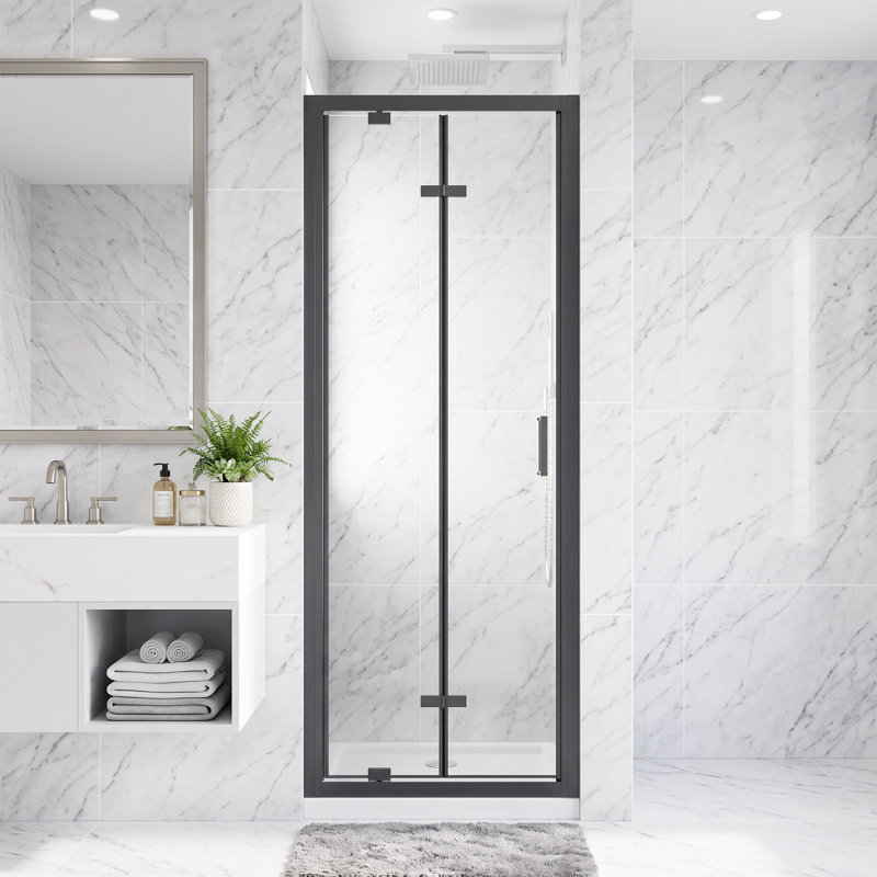 Porte de douche pliante en aluminium noir mat 28 po x H 72 po x verre trempé transparent 1/4 po, 28”