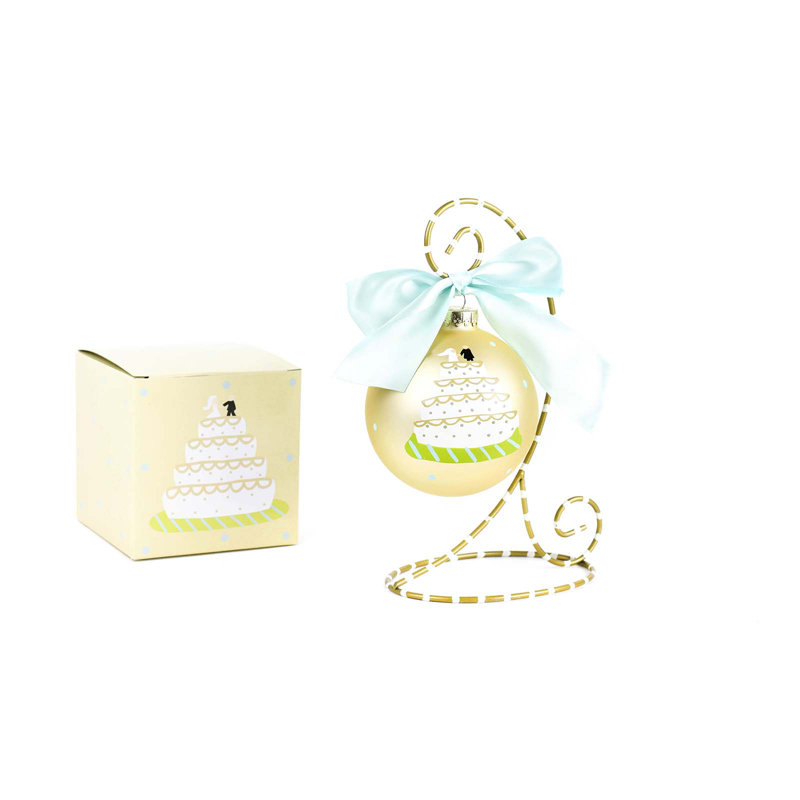 Ornement en forme de gâteau de mariage 100 mm en verre avec support or et blanc