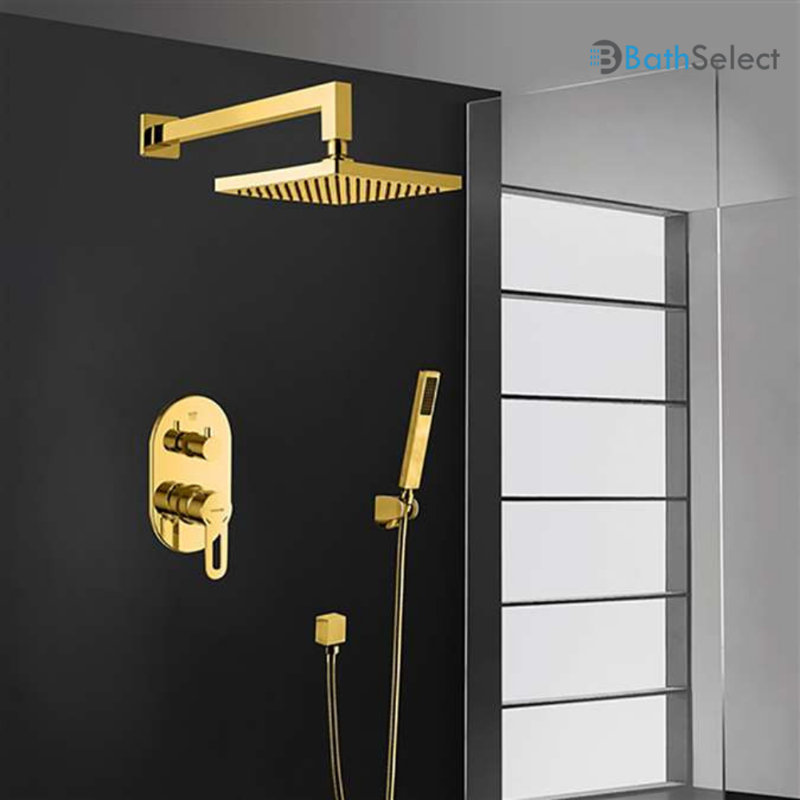 Ensemble de douche à fixation murale carré avec mélangeur thermostatique portatif BST, Doré