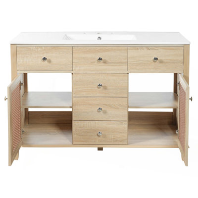 48-Inch Natural Rattan Bathroom Vanity:Solid Wood Frame, 5 Drawers,2 Rattan Cabinet Doors & Premium Ceramic Sink